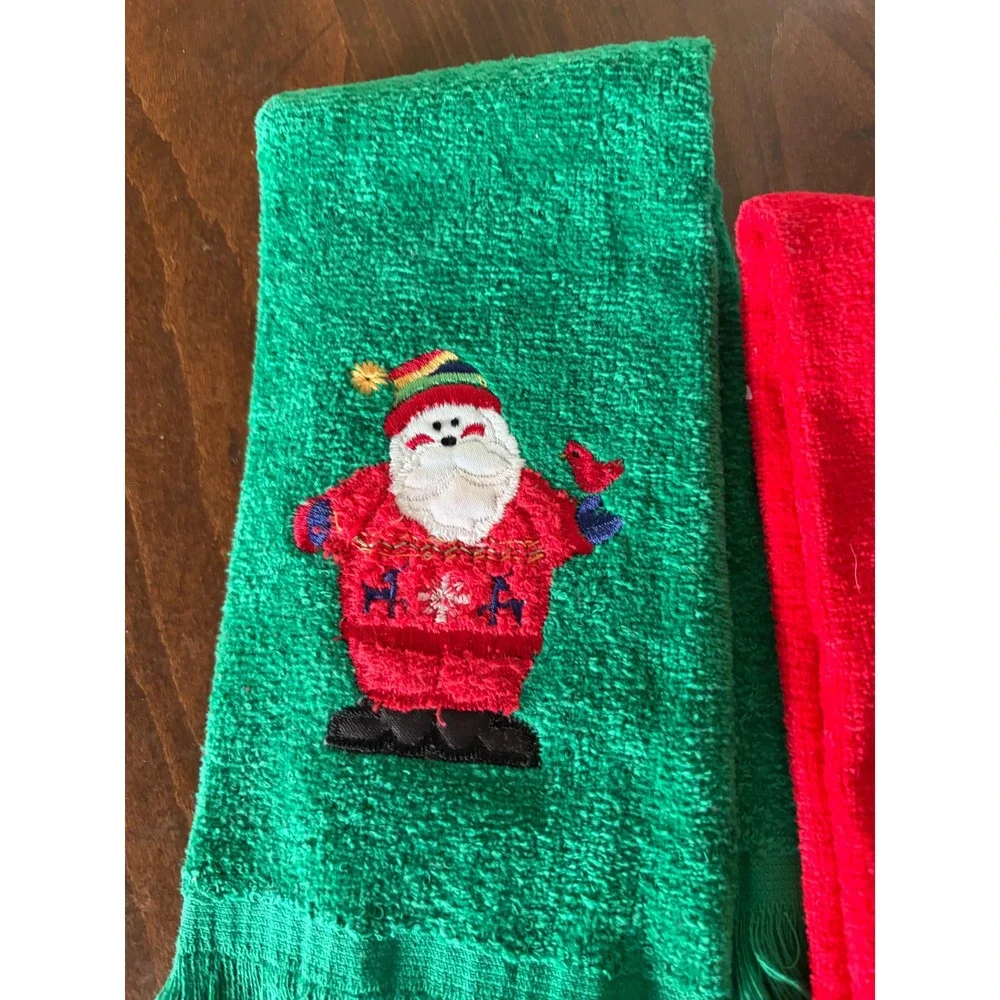 Vintage Christmas Hand Towel Set 3 Embroidered Santa Tree Joy cottagecore retro